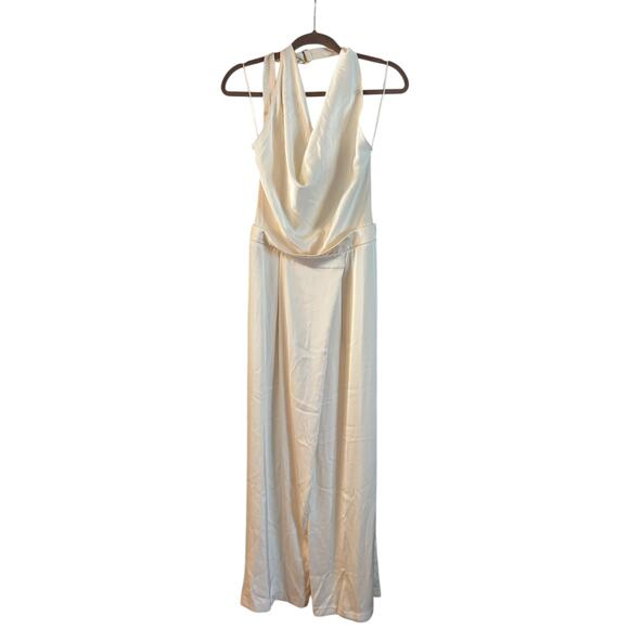 Zara Ecru Satin Effect Halter Jumpsuit Fluid Neckline XS NWOT Ivory Wide Leg - Picture 1 of 10
